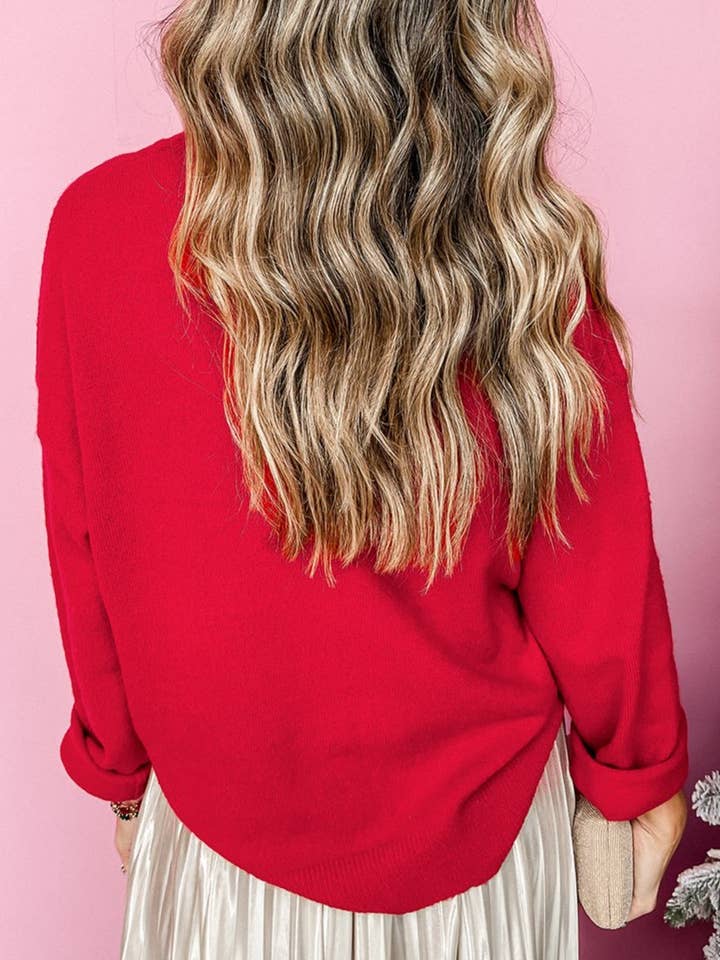 Fiery Red Merry Tinsel Long Sleeve Sweater for wholesale on Faire