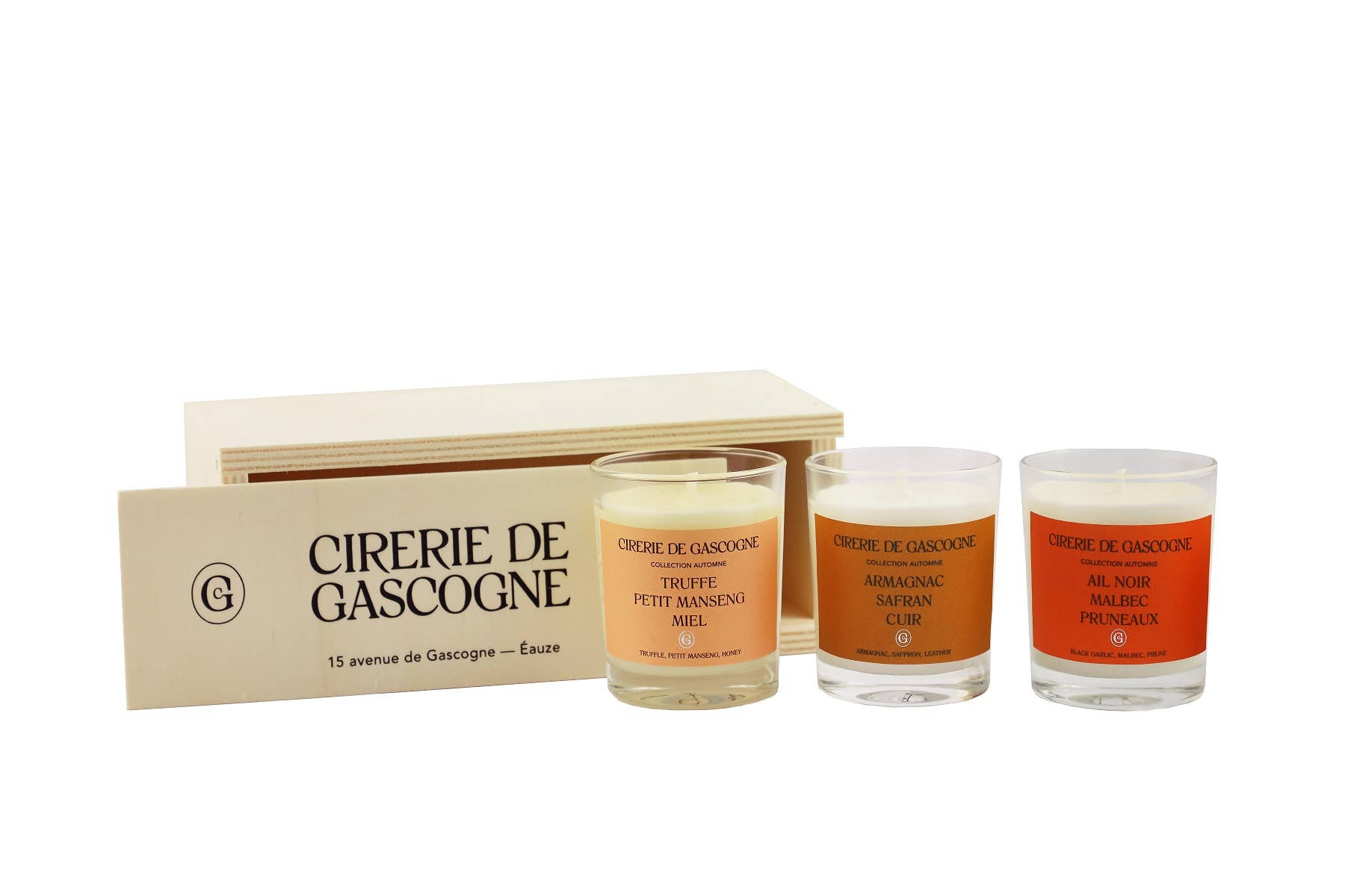 CIRERIE DE GASCOGNE - Venta al por mayor Velas en tarros - Set de madera con 3 velas perfumadas colección otoño1