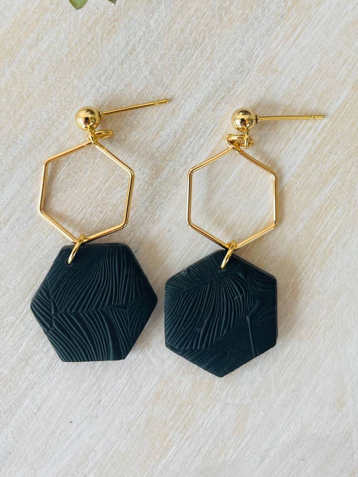 Black hexagon dangle polymer clay earrings for wholesale by BuidesignCo