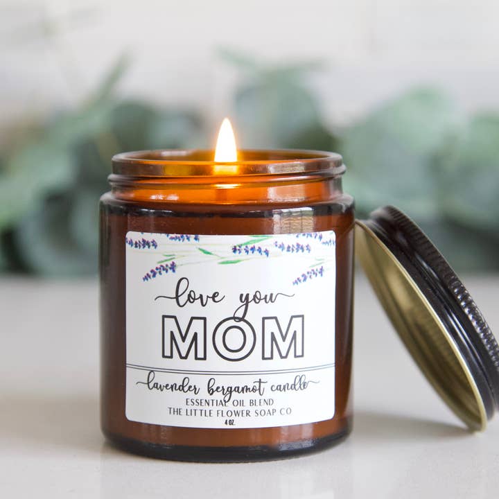Lavender Bergamot 4oz Soy Candle - Love You Mom Label for wholesale by The Little Flower Soap Co