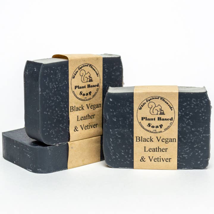 Black Vegan Leather & Vetiver - All Natural Hand Made Vegetable Based Soap - 4oz for wholesale by White Squirrel Clayworks