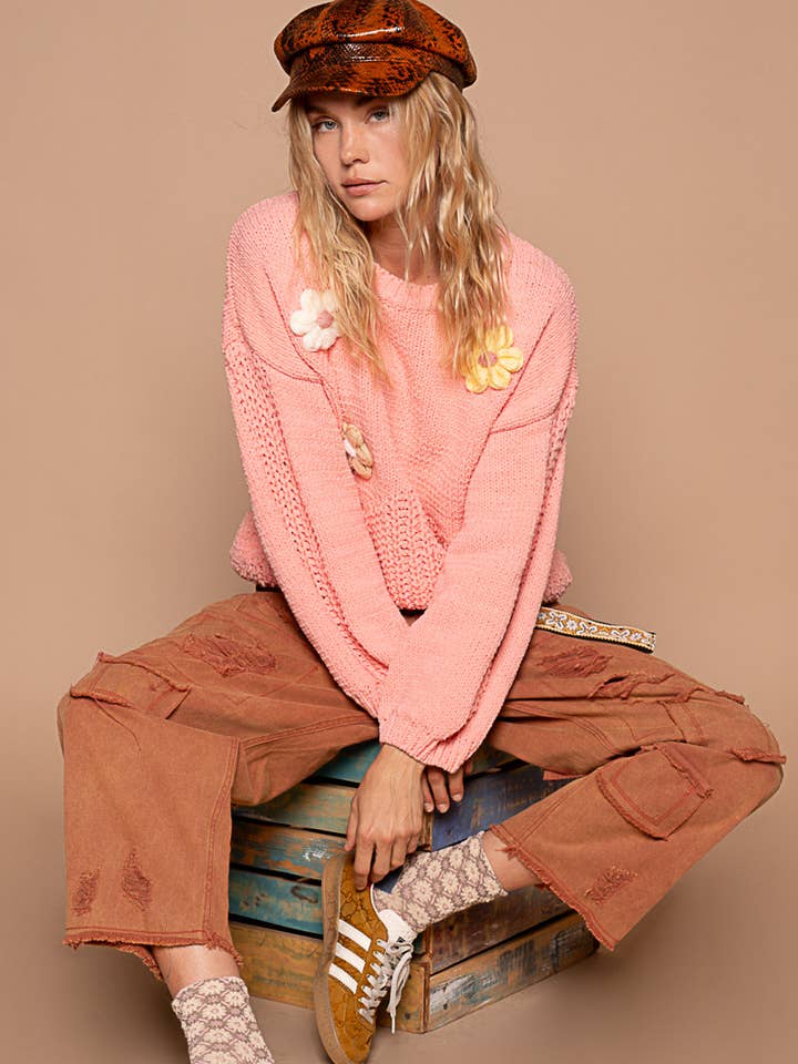 Pol Clothing - Wholesale Knit Sweater - Women's - Round neck balloon sleeve floral patches sweater SALE
