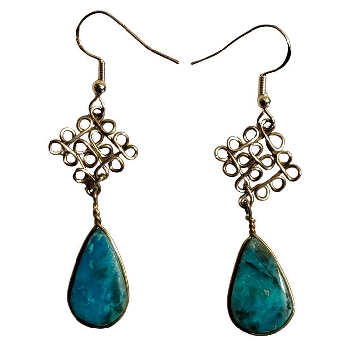 Peruvian turquoise teardrop stone and silver wire earrings - made by Peruvian Amazon artisan for wholesale by Amazon Ecology