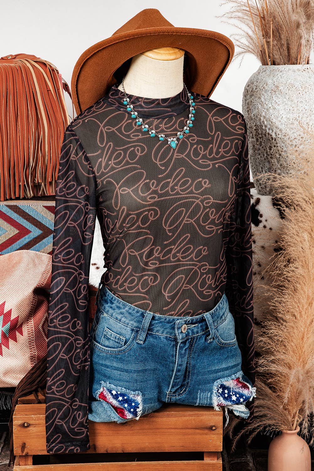 AS SHOWN Western Rodeo Mock Neck Long Sleeve Mesh Top for wholesale on Faire4