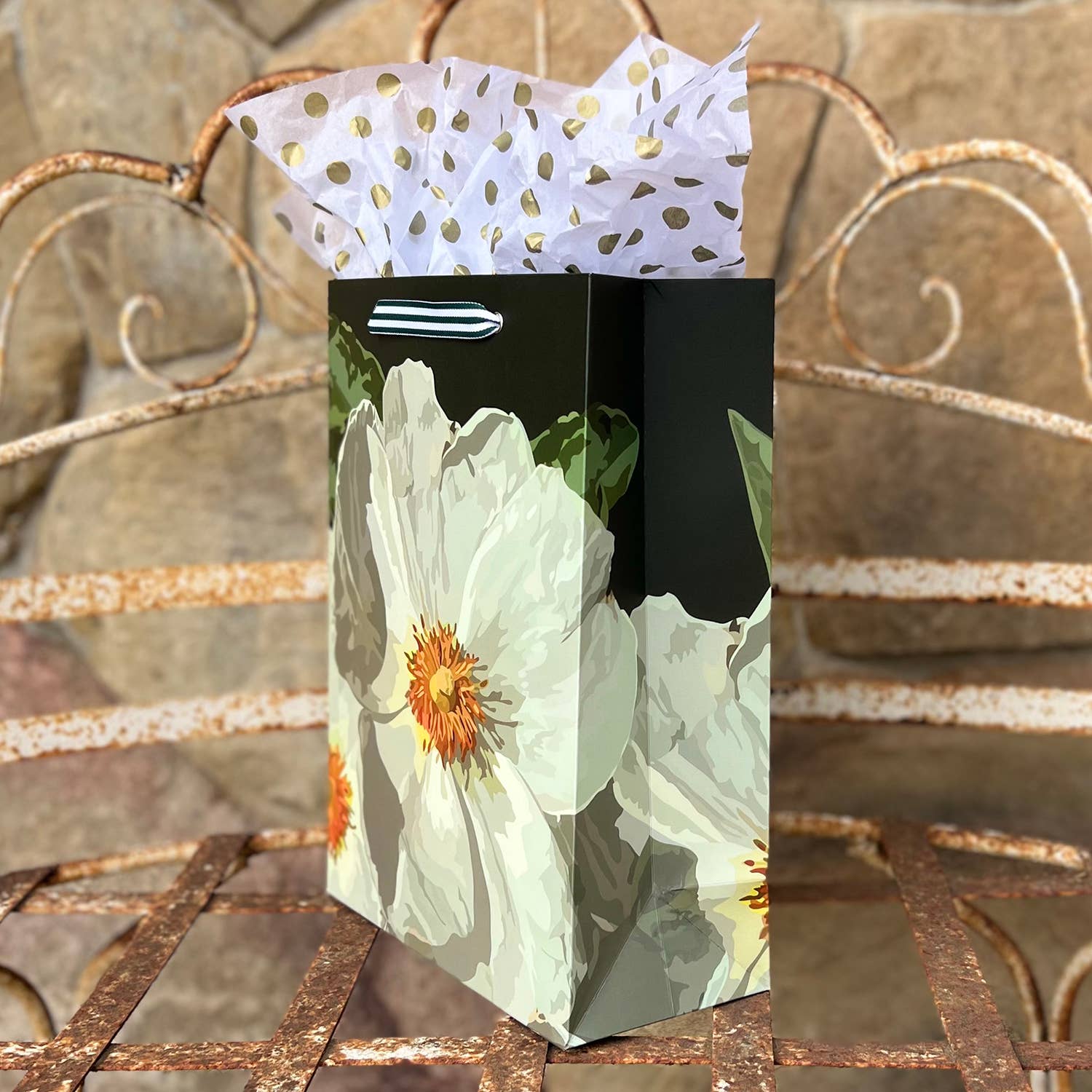 The Red Barn Press - Wholesale Gift Bag - LARGE Floral Gift Bag | White rockroses on very dark green1