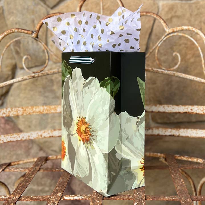 The Red Barn Press - Wholesale Gift Bag - LARGE Floral Gift Bag | White rockroses on very dark green1