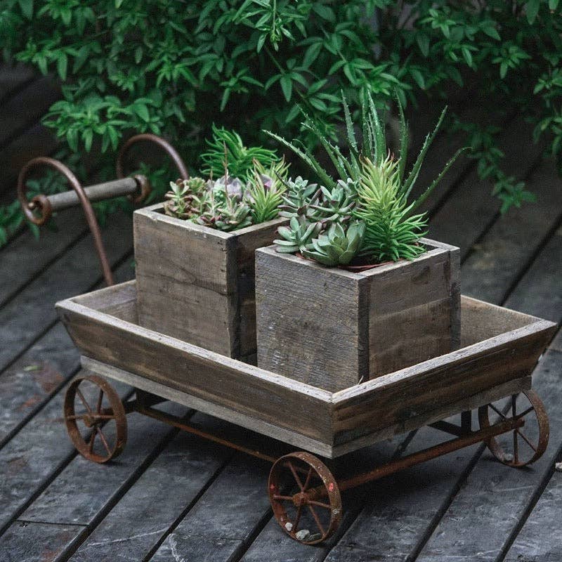Rustic Reach - Wholesale Planter Box - Small Decorative Wooden Wagon Flower Cart2