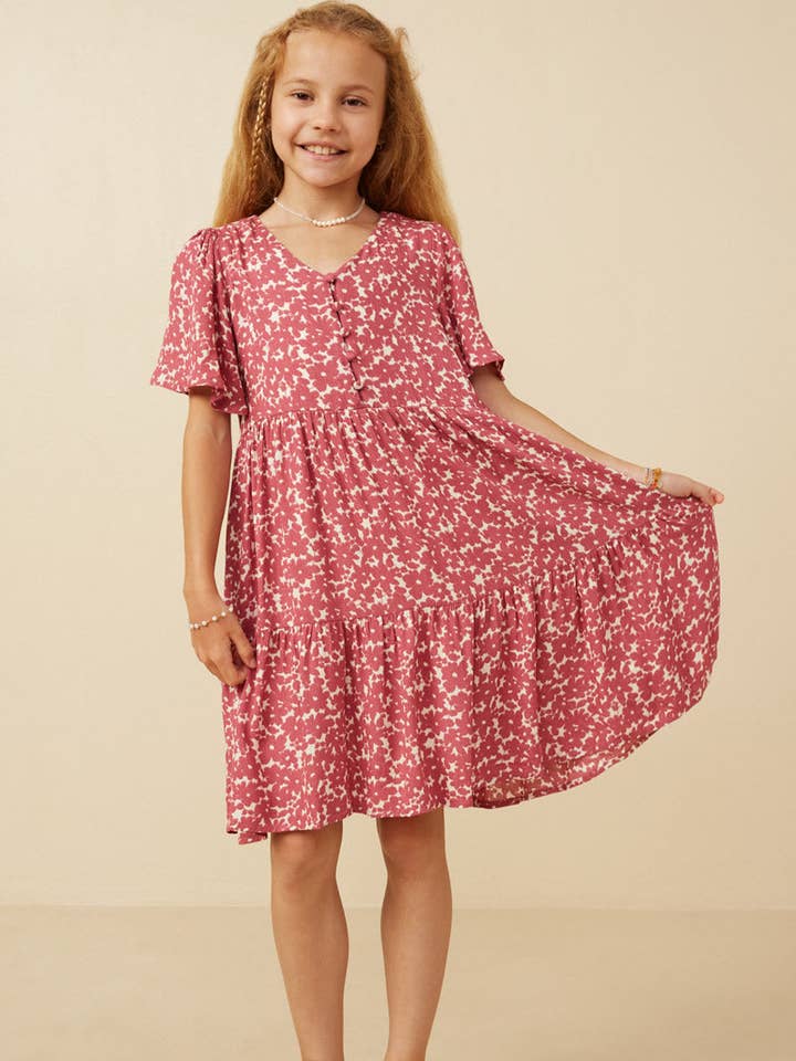 Pink Girls Ditsy Floral Buttoned V Neck Tier Dress for wholesale on Faire0