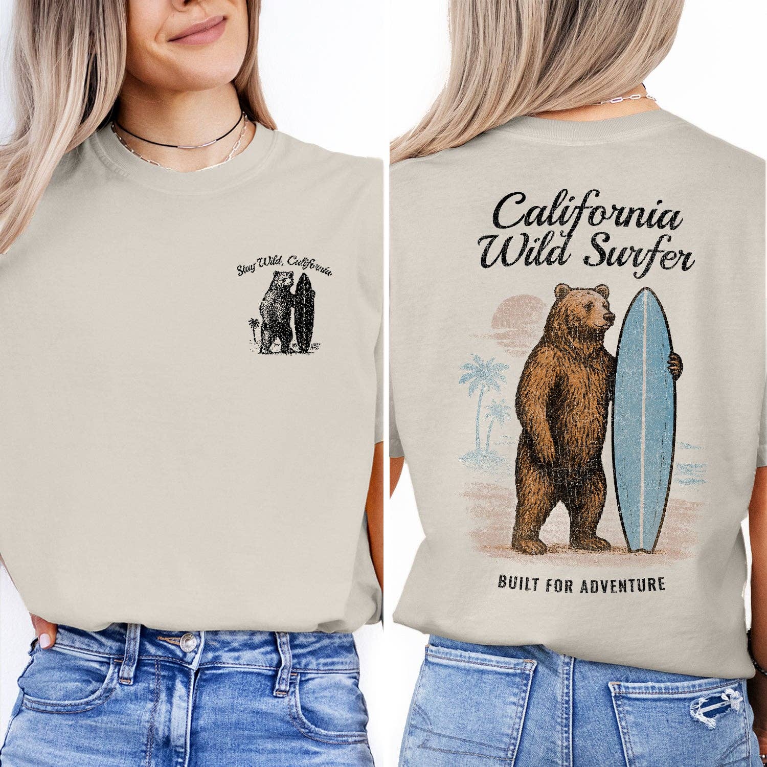 Textile Graphix - Wholesale Screen Printed T-Shirt - Women's - California Wild Surfer T-Shirt, Bear Surfing Tee, Stay Wild California Shirt, Vintage Coastal Adventure Graphic Tee0