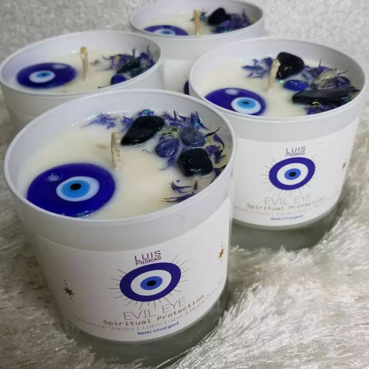 Angelic Magic - Wholesale Jar/Filled Candle - Evil Eye Soy Candle (UPGRADE) -Lapis Lazuli-Onyx - 11oz