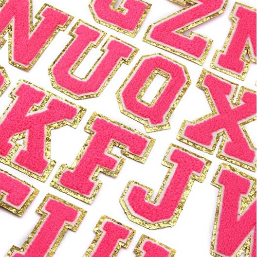 Bright Pink Chenille Iron On Gold Glitter Letter Patches for wholesale on Faire0