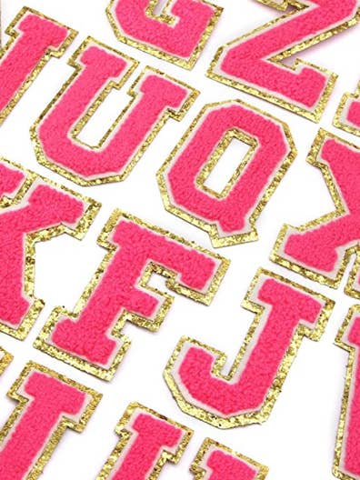 Bright Pink Chenille Iron On Gold Glitter Letter Patches for wholesale by Scratch Decor