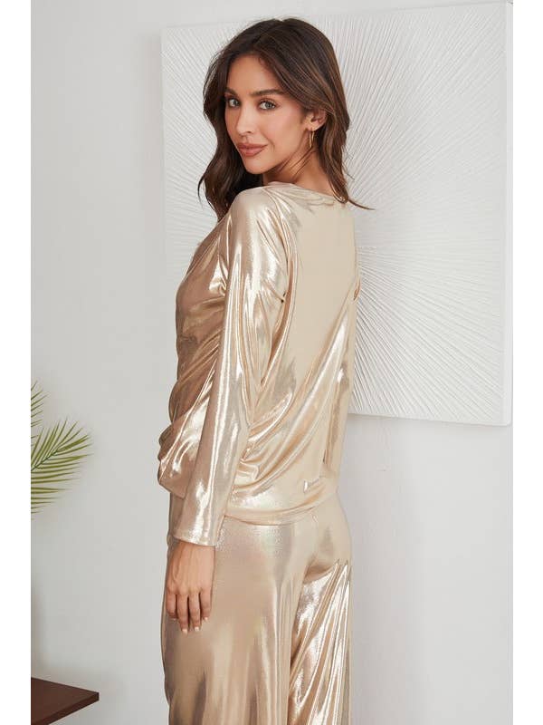 VENTI6 - Wholesale Blouse - Women's - METALLIC LONG SLEEVE COWL NECK TOP (7139-METALLIC)