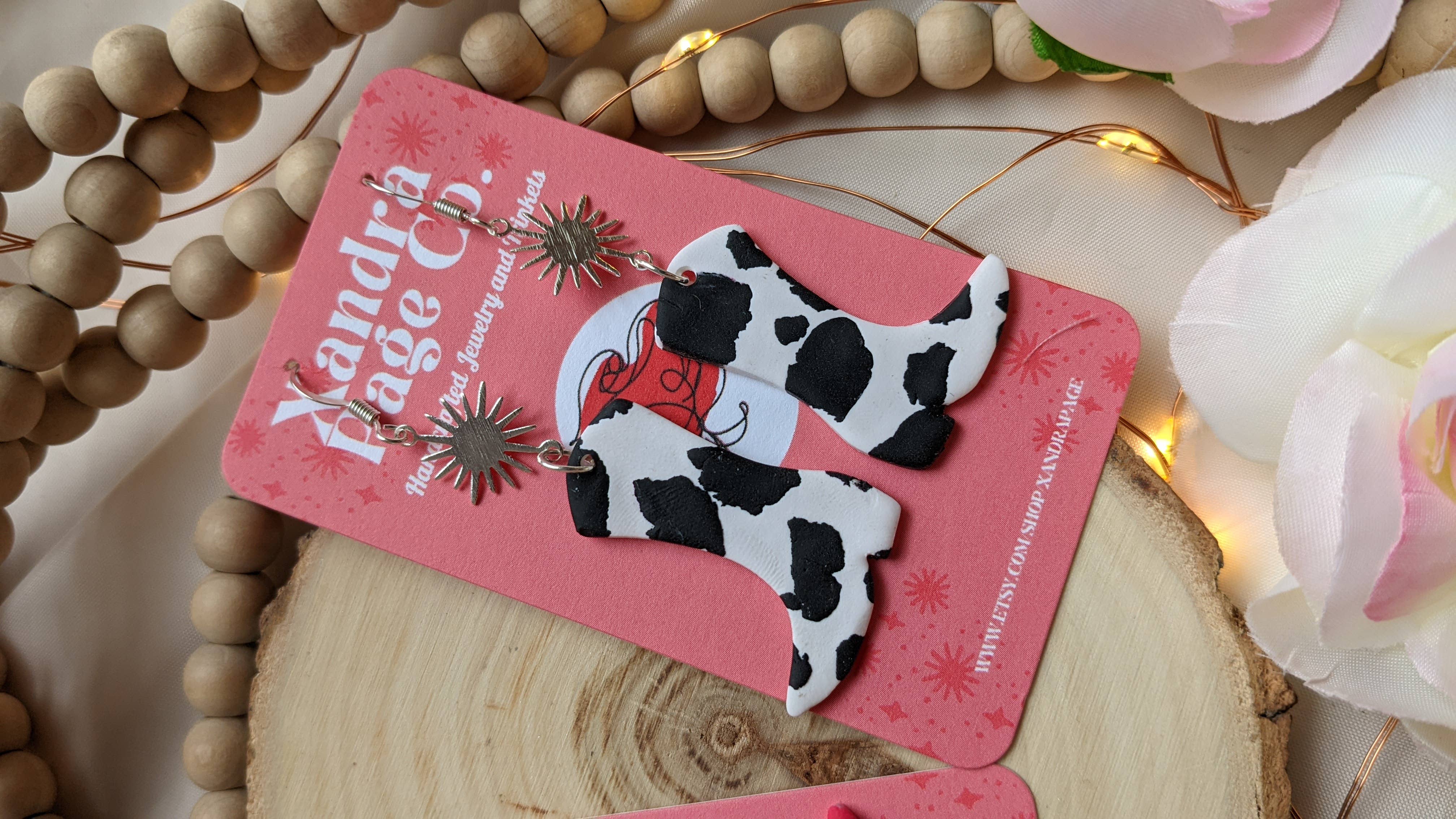 Xandra Page Co. - Wholesale Stud/Post Earrings - Cowboy Boot Earrings | Polymer Clay Cow print Pink & BW3