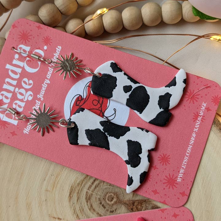 Xandra Page Co. - Wholesale Stud/Post Earrings - Cowboy Boot Earrings | Polymer Clay Cow print Pink & BW3