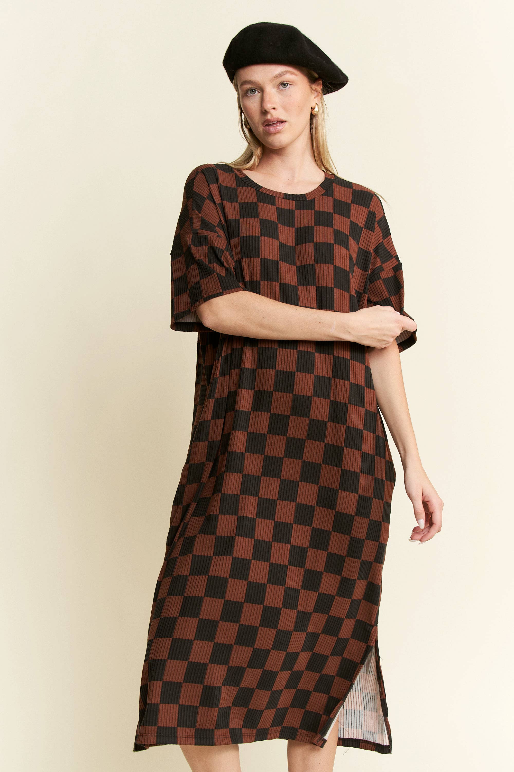 JADE BY JANE – wholesale Dress – Women's – 1/2 SLEEVE RIBBED CHECKERBOARD MIDI DRESS13