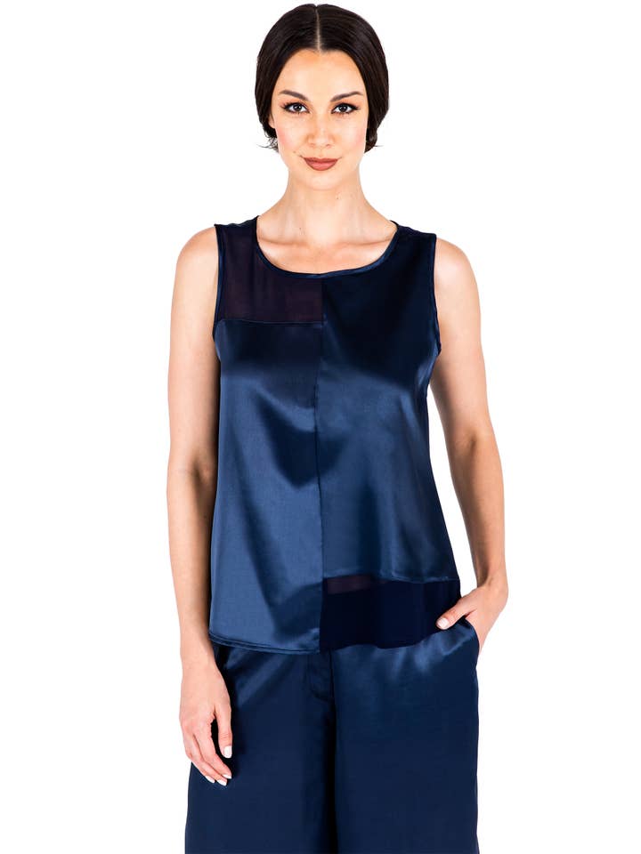 Standards & Practices - Wholesale Blouse - Women's - Modern Women's Blue Sateen and Chiffon Sleeveless Shirt