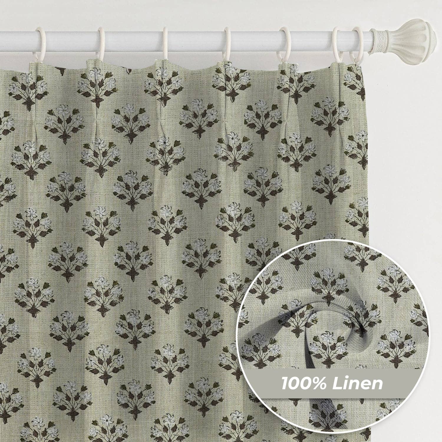 Fabdivine - Wholesale Curtain - Natural Block Print Pure Linen Pleated Curtain-Diwali Flower1