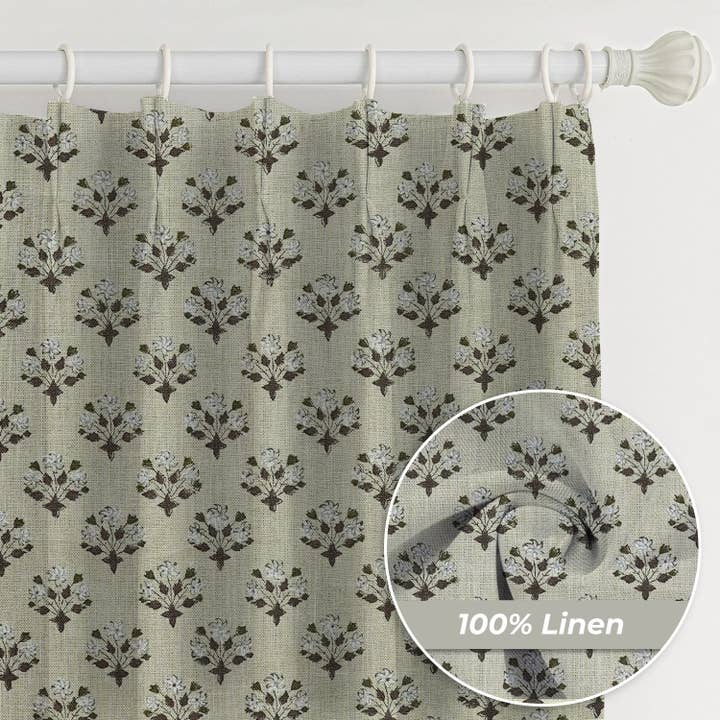 Fabdivine - Wholesale Curtain - Natural Block Print Pure Linen Pleated Curtain-Diwali Flower1