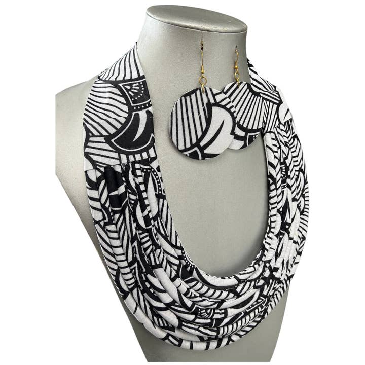 African Stars - Wholesale Jewelry Set - Women's African Printed Single Layer Fabric Necklace Set with Round Earrings1