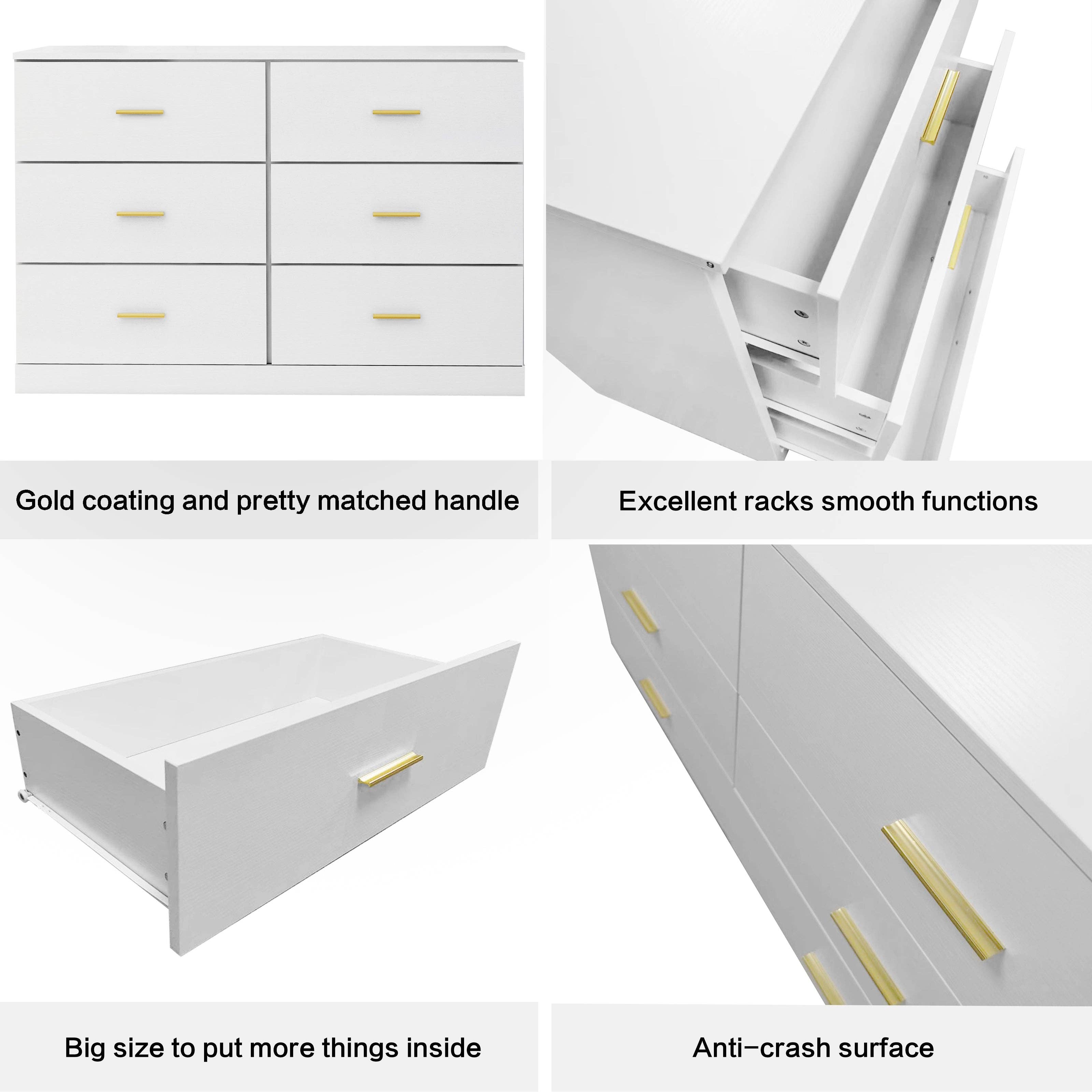 Orange County Decor - Wholesale Bedroom Furniture - Modern White 6 Drawer Dresser For Bedroom Large Storage Wide Chest Of Drawers, Sturdy & Safe Chest 5 Or More Drawers Whitewash Antique White Primary Living Space Drawers Included American6