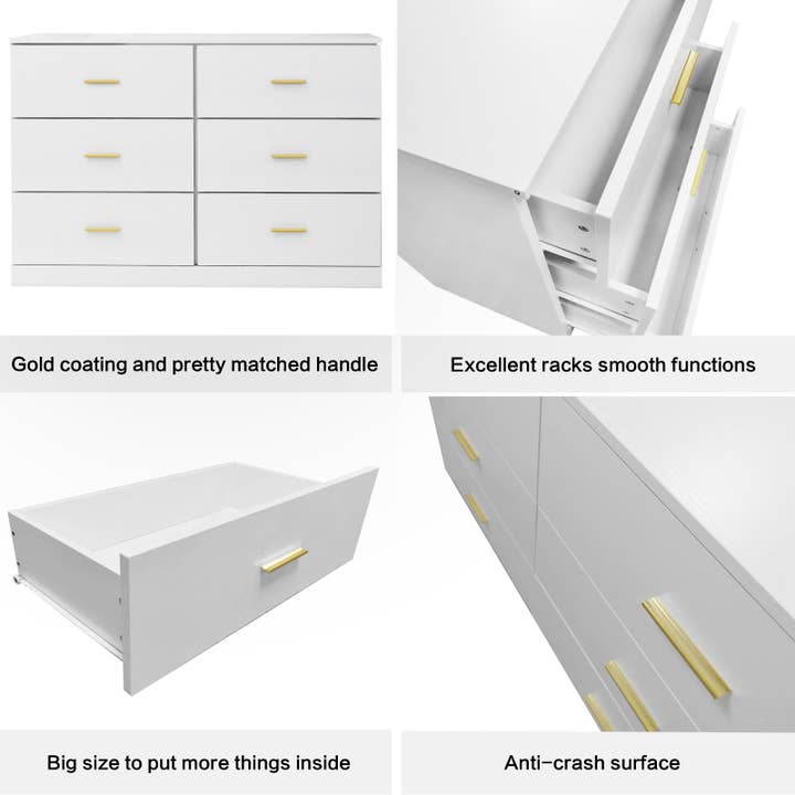 Orange County Decor - Wholesale Bedroom Furniture - Modern White 6 Drawer Dresser For Bedroom Large Storage Wide Chest Of Drawers, Sturdy & Safe Chest 5 Or More Drawers Whitewash Antique White Primary Living Space Drawers Included American6