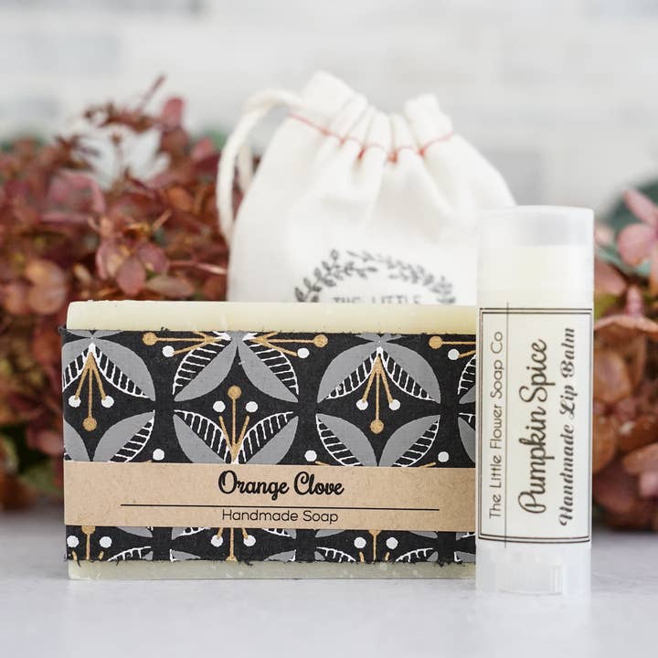 The Little Flower Soap Co - Wholesale Gift Bag Set/Pack - Fall Mini gift bag: Pumpkin Spice Lip and Orange Clove Soap0