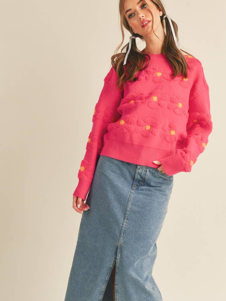 PINK YELLOW SHERPA FLORAL STRIPE SWEATER MSW10279 for wholesale on Faire2