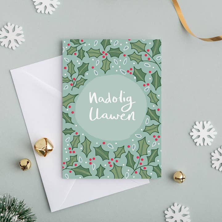 Draenog - Wholesale Christmas card - Christmas card 'Nadolig Llawen' holly