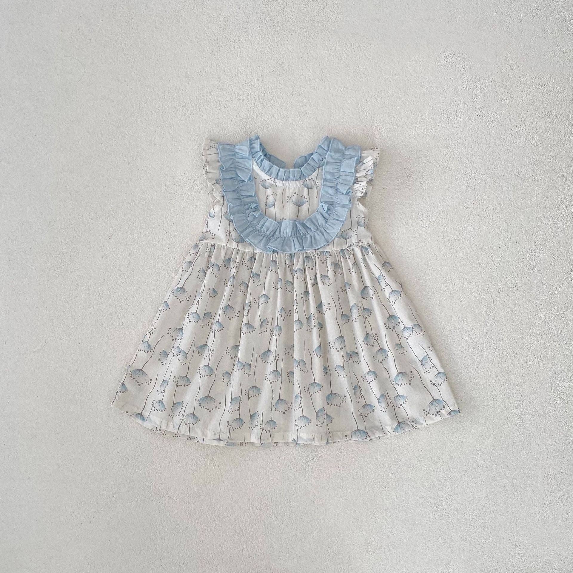 blue 3M-3Y Baby Girls Dandelion Print Ruffle Trim Dresses Wholesale Baby Clothes V3824042400114 for wholesale on Faire4