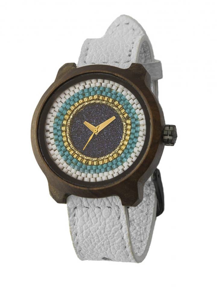 Watch made of wood, white leather and turquoise Miyuki pearls for wholesale by Boutique ArtNika