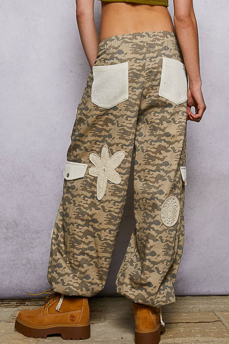Pol Clothing - Wholesale Pants - Women's - Pleat Detail Floral Patchwork Cargo Pants2