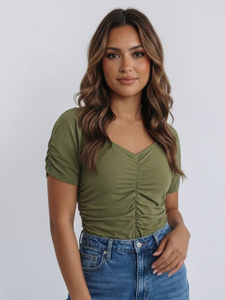 SWEETHEART NECK SHORT SLEEVE RUCHED BODYSUIT for wholesale by Kori America