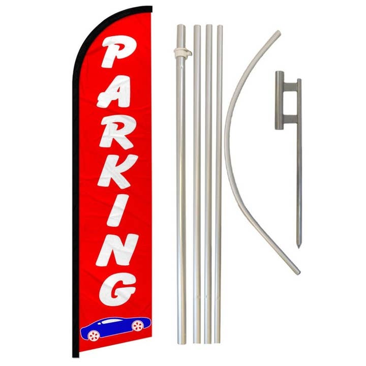 Parkerings (Röd) Vindlös Bannerflagga & Stångsats för wholesale av Flags Importer