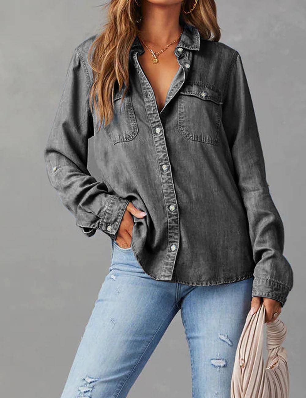 Dipped Shop - Wholesale Button Down Shirt - Women's - Casual Lapel Collar Button Down Denim Shirt DP25E5681