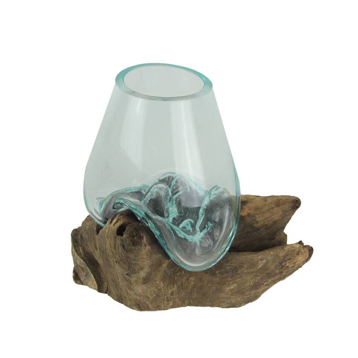 Zeckos - Wholesale Decorative Tabletop Object - Melted Glass On Teak Driftwood Decorative Bowl 6 Inches High