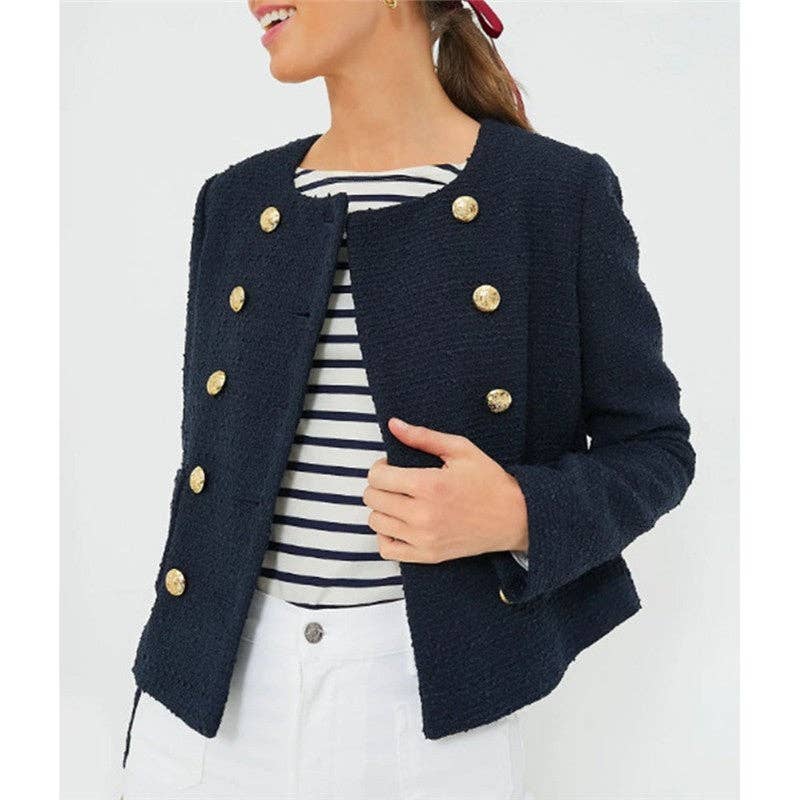 FurDecoration - Wholesale Jacket - Women's - Solid Color Round Collar Double Breasted Tweed Jacket1