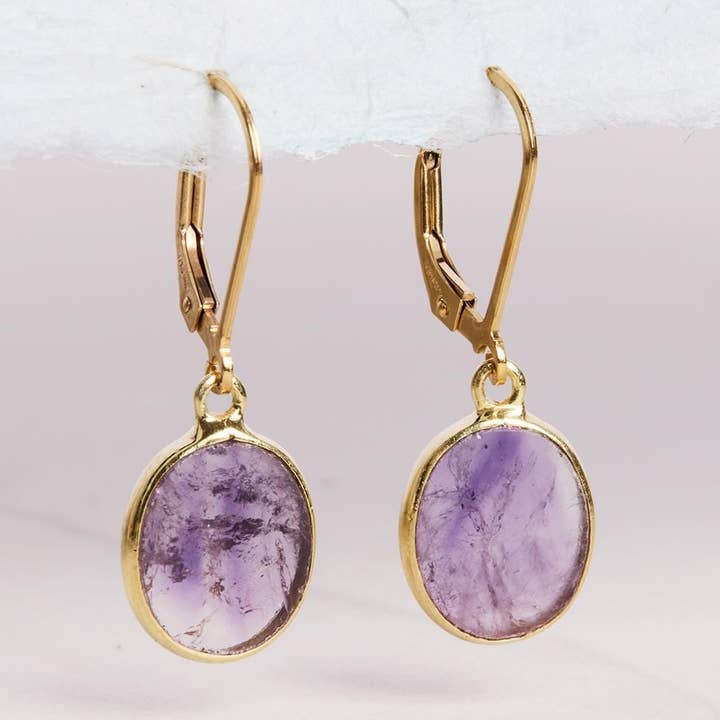 February Birthstone Amethyst Gold Oval Gemstone Earrings for wholesale by Soul & Little Rose