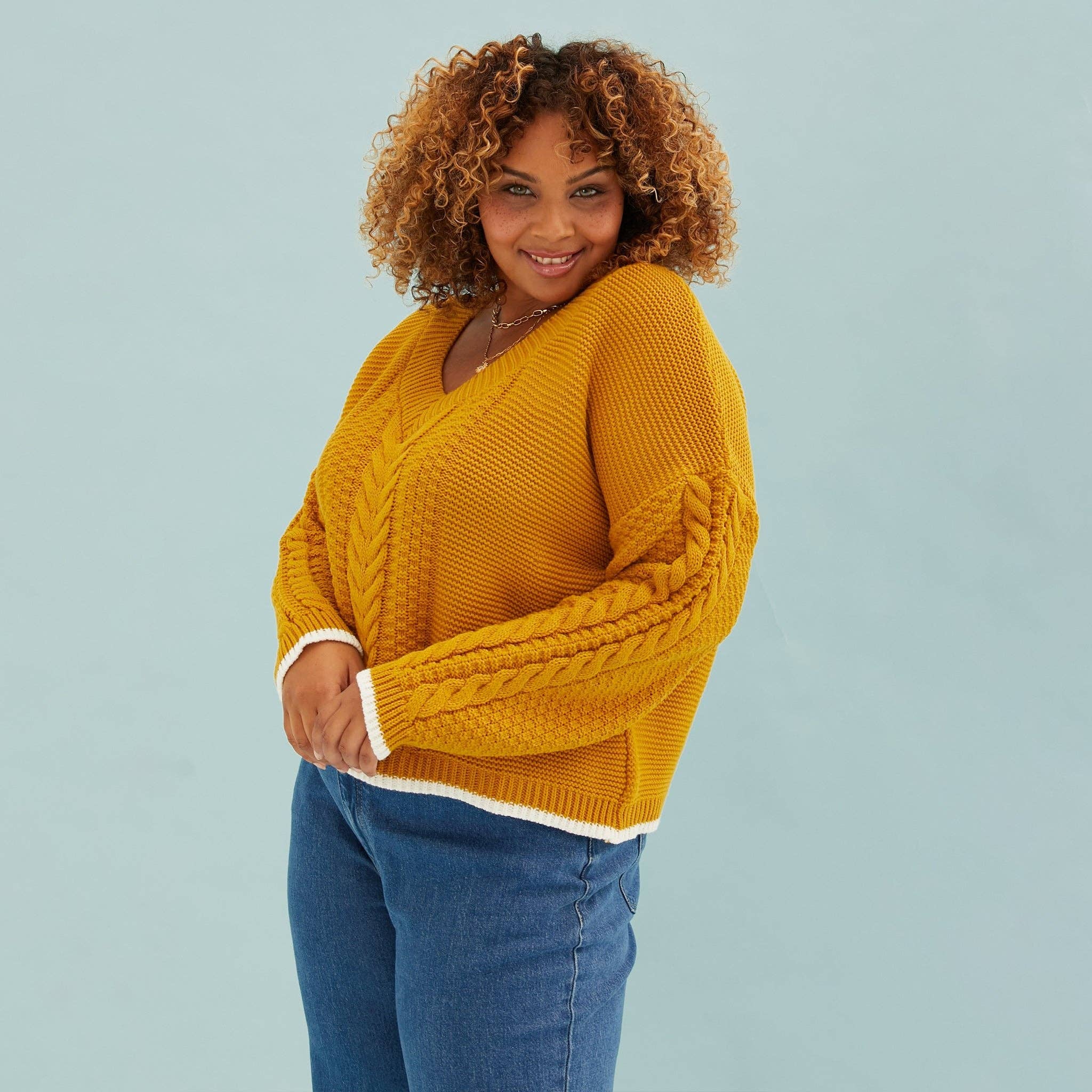 Emma V Neck Cable Jumper - Mustard for wholesale on Faire2