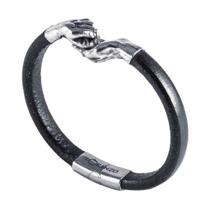 Dar e receber pulseira unissex prata e couro por atacado de bylorenzoquinn