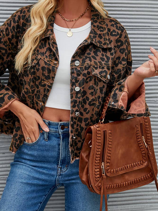 Leopard Short Denim Jacket QXX035 for wholesale on Faire