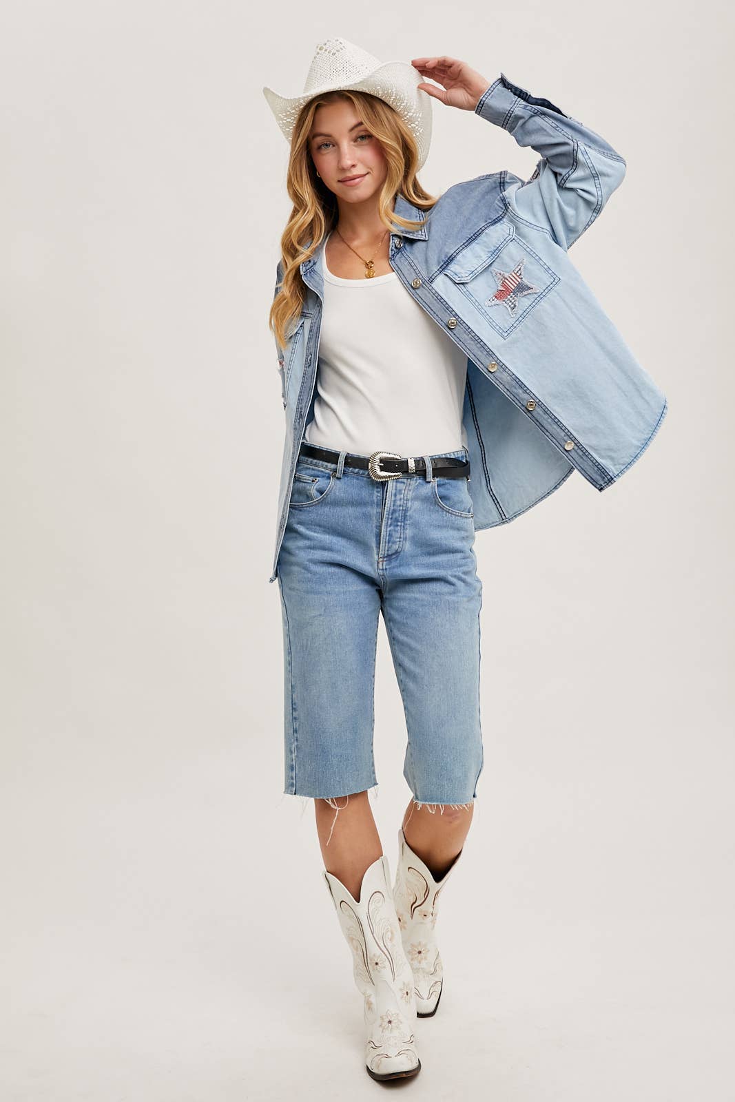 DENIM CAMICIA GIACCA PATCHWORK CON STELLA IN DENIM WESTERN - 4 LUGLIO in vendita all'ingrosso su Faire10