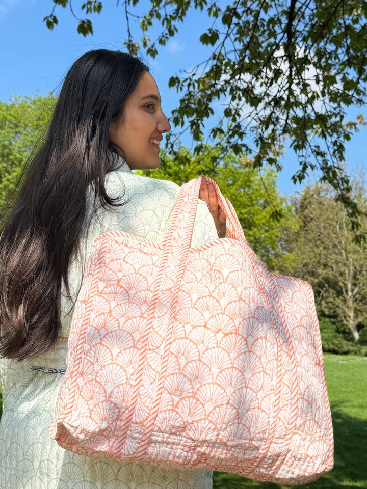 Quilted Cotton Handprinted Reversible Orange Shell Tote Bag for wholesale by Essential Designs London