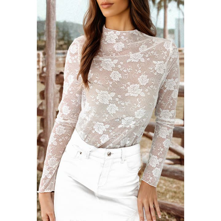 Fashion-W Sheer Floral Lace Mesh Mock Neck Long Sleeve Top for wholesale by fashionworks