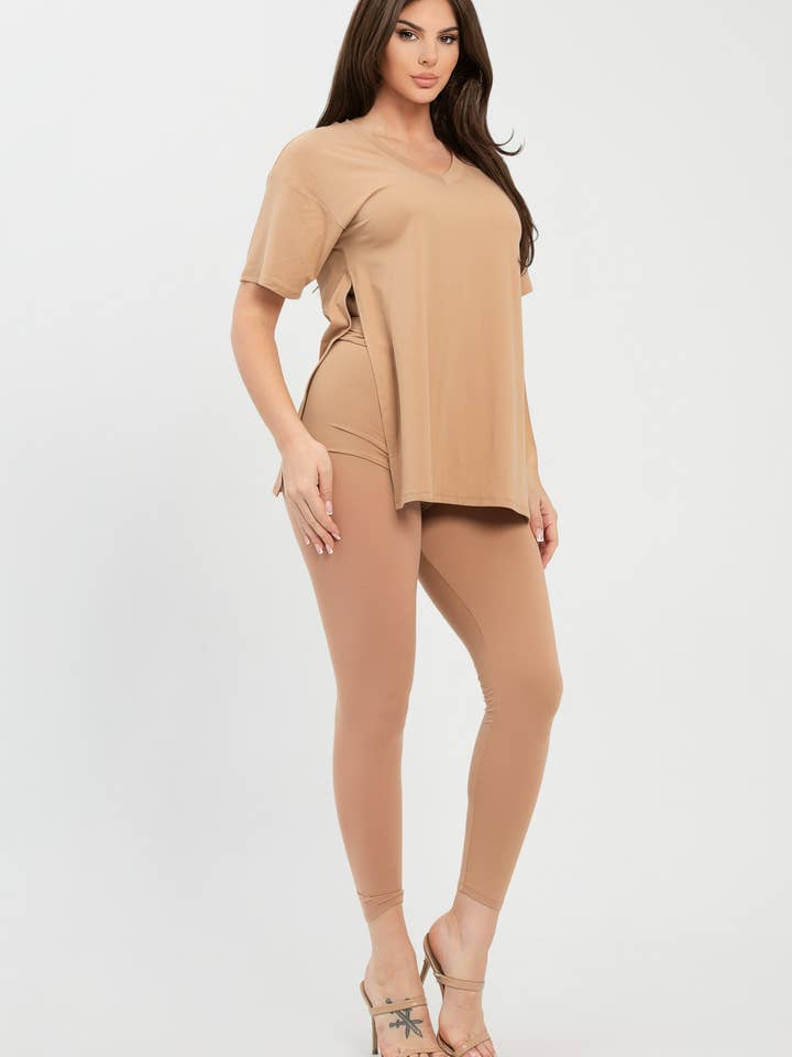 Julia by LoveJ - Wholesale Top & Pant Set (NOT Loungewear) - Women's - V Neck Side Slits Basic Top And Leggings Set11