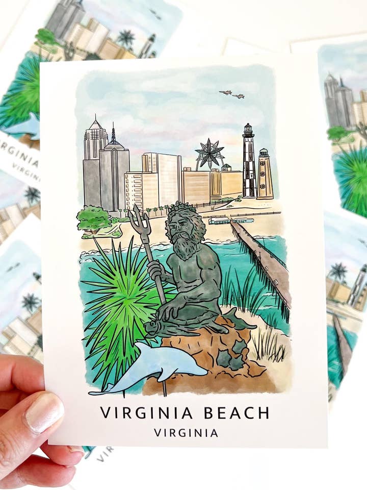 Virginia Beach Postcard 5x7 – Illustrated Neptune Statue, Lighthouses & Skyline | Coastal Travel Art, Souvenir, VA Gift for wholesale by Thirteenwinks