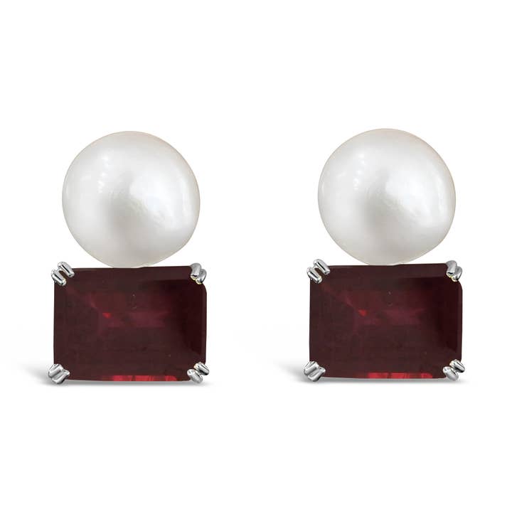 Large Button Pearl & Simulated Red Ruby Omega Back Stud Earrings for wholesale by Barrocos