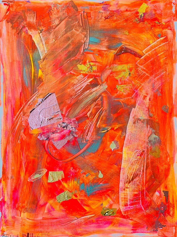 Orange abstract painting with specs of gold leaf for wholesale by Bella Blu Designs