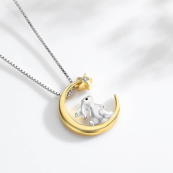 Perimade & Co. LLC - Wholesale Pendant/Charm Necklace - Gold Moon Star Bunny Rabbit Necklace in 925 Sterling Silver