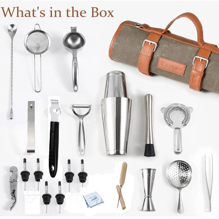 Brown portable bartender bag with cocktail shaker 24 piece traveling bar tools cocktail kit mixology stainless steel for wholesale on Faire